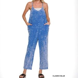 NWT ZENANA Classic Blue Acid Wash Jumpsuit S/M L/XL